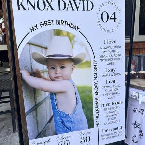 Puede incluir: Un cartel blanco y negro con una foto de un beb&eacute; var&oacute;n que lleva un sombrero de vaquero. El cartel dice "Knox David" y "Mi primer cumplea&ntilde;os". Tambi&eacute;n enumera los alimentos y las canciones favoritas del beb&eacute;.