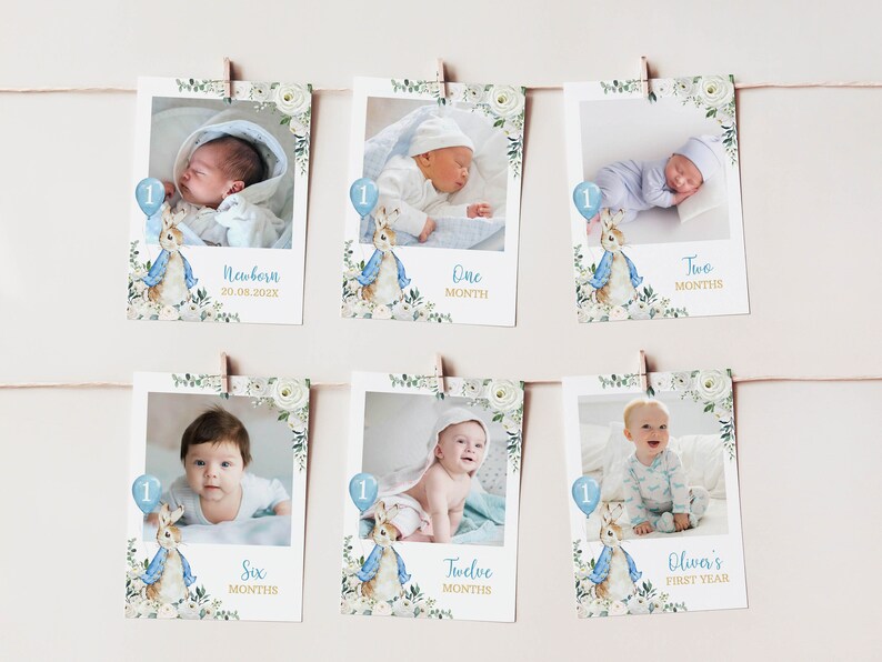 Vintage Bunny First Year Photo Banner, 12 Months Photo Banner, Classic Rabbit Birthday Decor, Boy 1st Birthday Photo Banner, Printable. P007 image 1