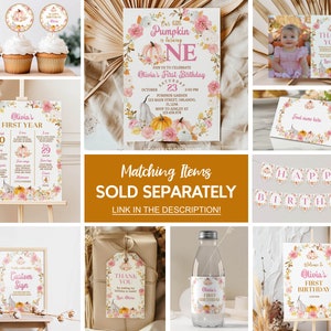 May include: A collection of birthday party stationery featuring pink and orange pumpkin and floral illustrations. Items include an invitation, milestone sign, thank you card, food tent, banner, gift tag, and water bottle label with pink text.