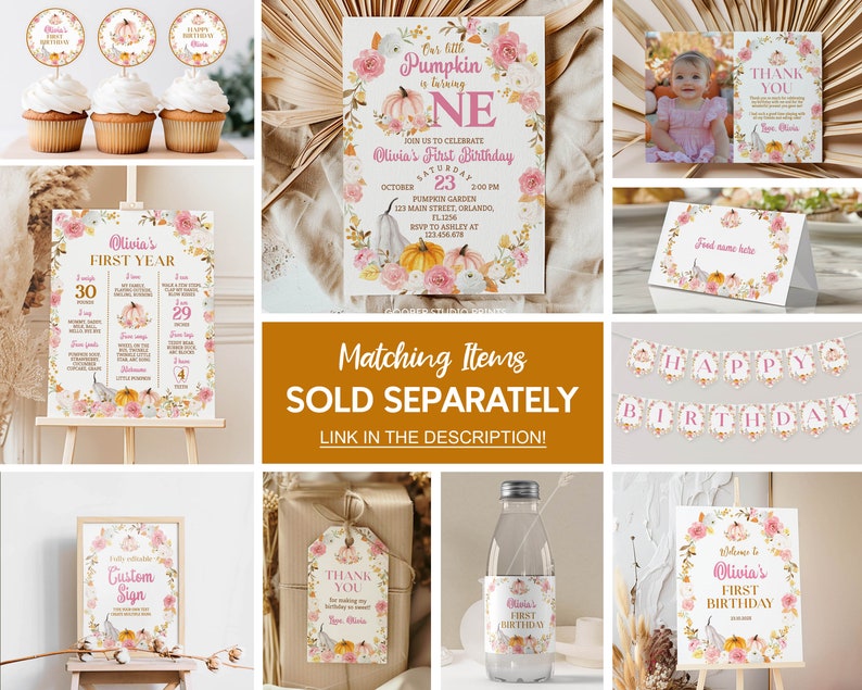 May include: A collection of birthday party stationery featuring pink and orange pumpkin and floral illustrations. Items include an invitation, milestone sign, thank you card, food tent, banner, gift tag, and water bottle label with pink text.