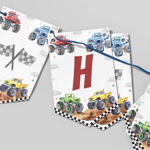 May include: A white and gray monster truck birthday banner with the letter "H" in red. The banner features watercolor illustrations of monster trucks in various colors, including green, yellow, blue, and red. The banner also includes checkered flags and confetti.