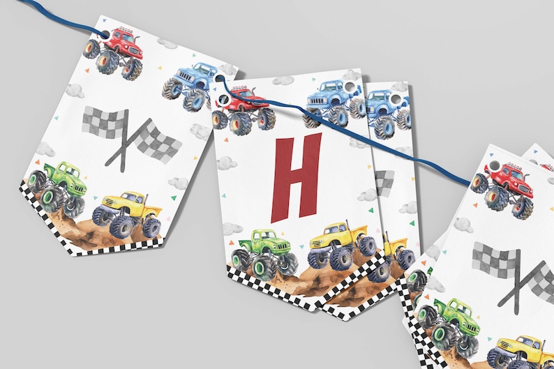 May include: A white and gray monster truck birthday banner with the letter "H" in red. The banner features watercolor illustrations of monster trucks in various colors, including green, yellow, blue, and red. The banner also includes checkered flags and confetti.