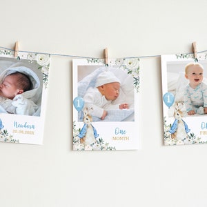 Vintage Bunny First Year Photo Banner, 12 Months Photo Banner, Classic Rabbit Birthday Decor, Boy 1st Birthday Photo Banner, Printable. P007 image 2