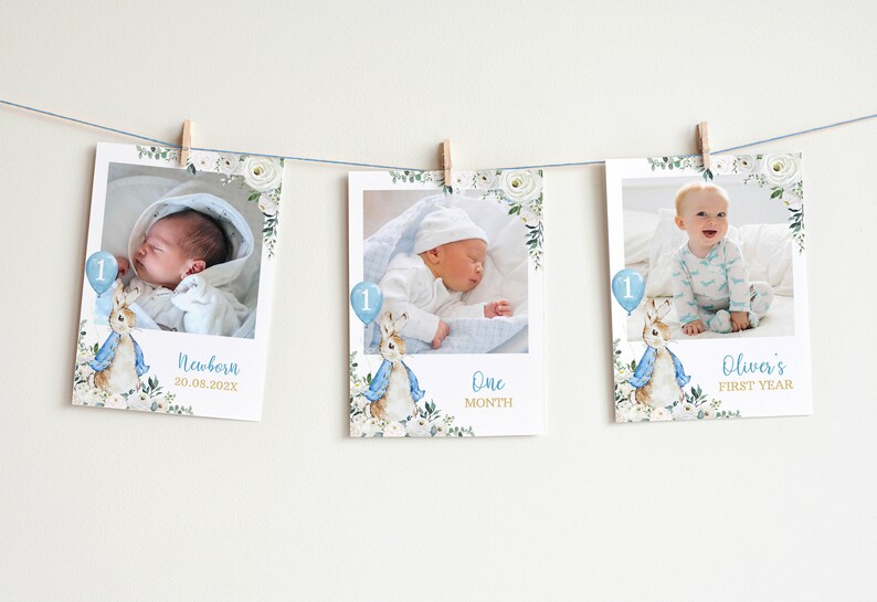 Vintage Bunny First Year Photo Banner, 12 Months Photo Banner, Classic Rabbit Birthday Decor, Boy 1st Birthday Photo Banner, Printable. P007 image 2