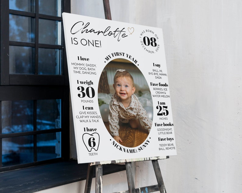 May include: A white milestone birthday sign for a one-year-old named Charlotte, featuring a central oval photo of a baby, text detailing birth date, weight of 30 pounds, height of 25 inches, six teeth, favorite foods, books, toys, and milestones.