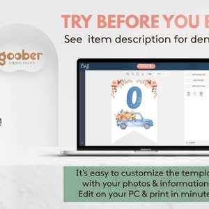May include: A laptop screen displaying a digital template editor with a banner design featuring a blue number zero, a blue pickup truck, and orange pumpkins. Text on screen reads TRY BEFORE YOU BUY! See item description for demo link and goober STUDIO PRINTS.