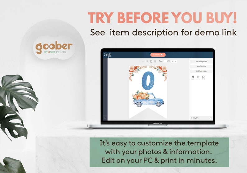 May include: A laptop screen displaying a digital template editor with a banner design featuring a blue number zero, a blue pickup truck, and orange pumpkins. Text on screen reads TRY BEFORE YOU BUY! See item description for demo link and goober STUDIO PRINTS.
