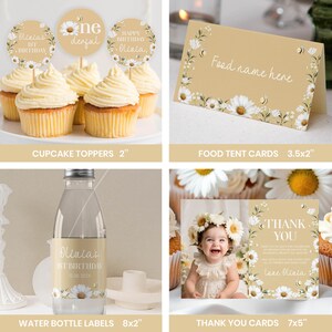 May include: A collection of party supplies with a daisy theme. Includes cupcake toppers, food tent cards, water bottle labels, and thank you cards. The cupcake toppers are 2 inches in diameter, and the water bottle labels are 8x2 inches.