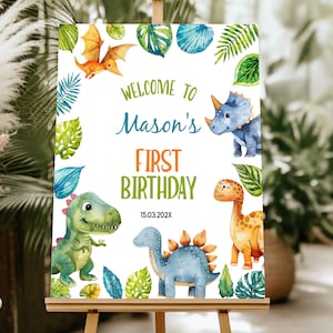 Letrero de bienvenida para primer cumpleaños de dinosaurio editable, decoración para fiesta de dinosaurios, letrero para fiesta de cumpleaños de dinosaurios, letrero para cumpleaños de dinosaurios, plantilla imprimible D015