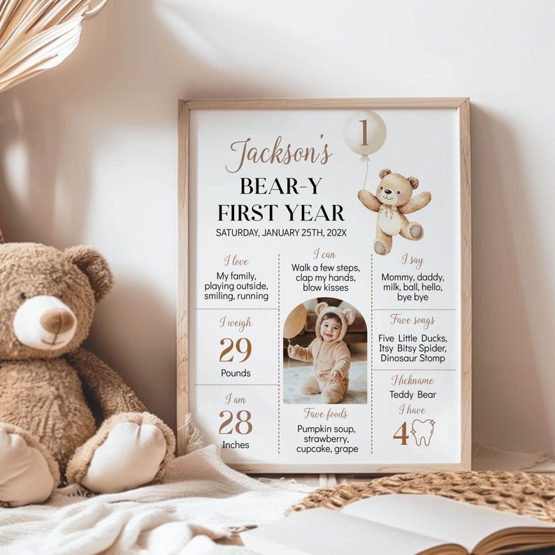 May include: A beige and brown printable poster with a picture of a teddy bear holding a balloon. The poster is a first birthday milestone chart for a baby named Jackson. It includes information about the baby's weight, height, favorite foods, songs, and activities. The poster has the text "Jackson's Bear-Y First Year" at the top.