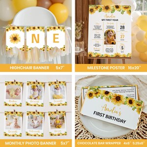 May include: A sunflower-themed first birthday party set including a highchair banner, a 16x20 inch milestone poster, a monthly photo banner with 5x7 inch cards, and a 4x5.25 inch chocolate bar wrapper, all featuring yellow floral designs.