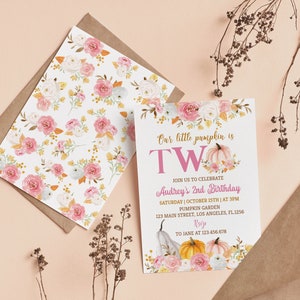 May include: Birthday invitation for a two-year-old with a floral design. The invitation includes the text "Our little pumpkin is TW" and event details. A matching card with a floral pattern is included.