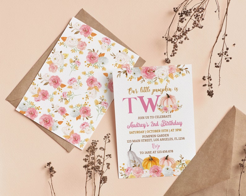 May include: Birthday invitation for a two-year-old with a floral design. The invitation includes the text "Our little pumpkin is TW" and event details. A matching card with a floral pattern is included.
