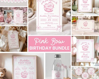 Convite de Aniversário "Girls Just Wanna Be One", Decoração de Festa de Aniversário com Laço Rosa Coquette, Pacote de Bolo Retrô Vintage, Modelo para Imprimir. C014