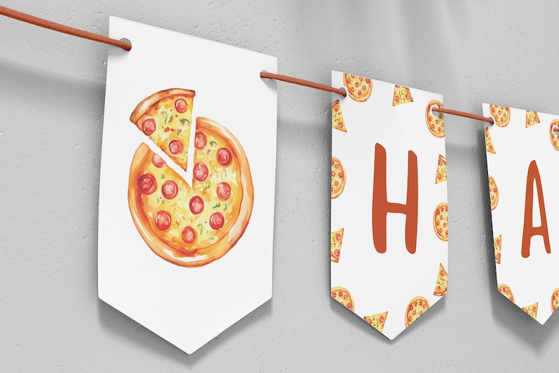 May include: A white banner with the word "Happy" spelled out in orange letters. Each letter is on a separate flag with a repeating pattern of small pizza slices. The first flag has a large pizza with a slice removed.