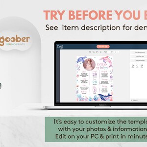 May include: A laptop screen displaying a customisable digital milestone board template with an ocean theme. The template features watercolour illustrations of a sea turtle, dolphin, whale, and coral, alongside text fields for a child's name, age, and stats.