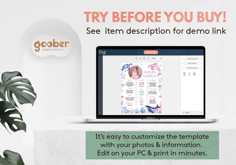 May include: A laptop screen displaying a customisable digital milestone board template with an ocean theme. The template features watercolour illustrations of a sea turtle, dolphin, whale, and coral, alongside text fields for a child's name, age, and stats.