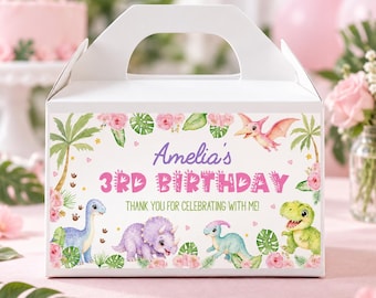 Editable Girl Dinosaur Gable Box Label | Pastel Dino Party Favor Label | 3rd Birthday Box Label | Instant Download | D023