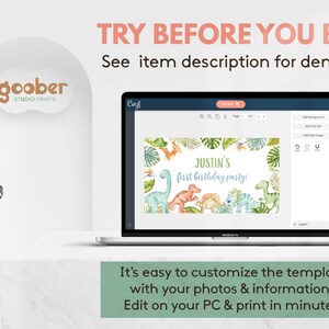 May include: A laptop screen displaying a digital invitation template featuring watercolor dinosaurs and tropical leaves. The text reads "JUSTIN'S first birthday party!". The screen interface includes editing tools, and the text "TRY BEFORE YOU BUY!" appears above the laptop.