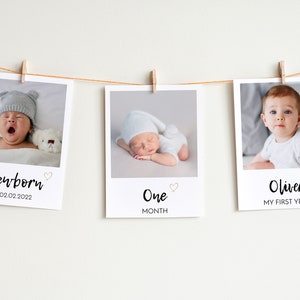 Banner de foto do primeiro aniversário, cartão de foto mensal, banner minimalista moderno de primeiro aniversário, marco do primeiro ano do bebê, modelo para impressão. #M004