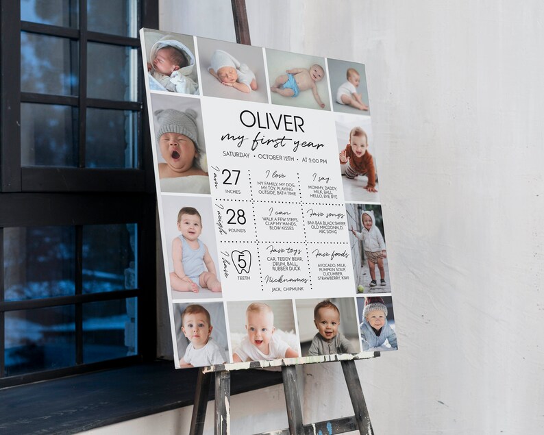 May include: A square milestone poster titled Oliver My First Year featuring twelve photographs of a baby, text detailing birth date, 27 inches, 28 pounds, 5 teeth, and lists of favorite things, songs, toys, foods, and nicknames in a grid layout.