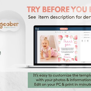 May include: A laptop screen displaying a customizable digital template for a thank you card. The template features a photo of a baby, strawberry illustrations, and the text Thank you, I had such a good time, and Love Olivia. The screen shows editing tools.