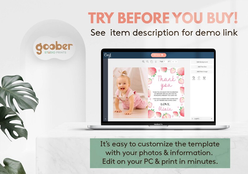 May include: A laptop screen displaying a customizable digital template for a thank you card. The template features a photo of a baby, strawberry illustrations, and the text Thank you, I had such a good time, and Love Olivia. The screen shows editing tools.