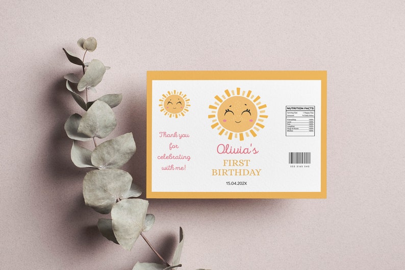 May include: A yellow and white thank you card with a smiling sun illustration. The text reads "Thank you for celebrating with me! Olivia's First Birthday 15.04.20XX".