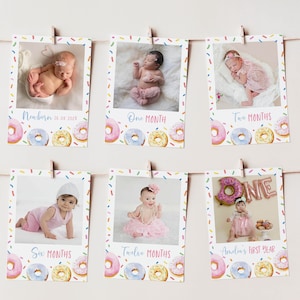 Faixa de fotos Sweet One, Faixa de donuts para o primeiro aniversário, Cartão de marco mensal do primeiro ano do bebê, Decoração de aniversário de menina, Modelo para impressão. D010