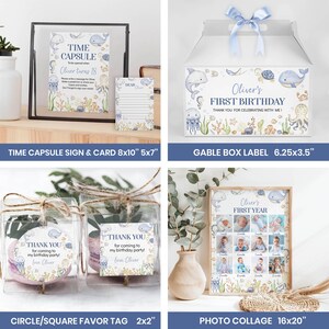 Puede incluir: Un conjunto de papeler&iacute;a para cumplea&ntilde;os con ilustraciones de tem&aacute;tica oce&aacute;nica. Incluye un cartel y tarjeta de c&aacute;psula del tiempo, una etiqueta para caja, etiquetas de regalo circulares y cuadradas, y un collage de fotos, personalizado para Oliver.