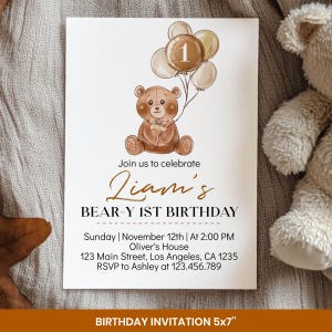 Editable Beary First Birthday Invitation Set, Neutral Bear 1st Birthday Bundle, Teddy Bear Birthday Decor Kit, Instant Download. T004 image 3