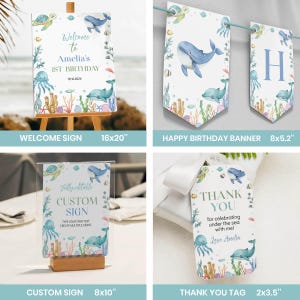 May include: A set of printable party decorations for a first birthday with an under the sea theme. The set includes a welcome sign, a banner, a custom sign, and a thank you tag. The decorations feature watercolor illustrations of sea creatures, coral, and seaweed in shades of blue, green, and pink.