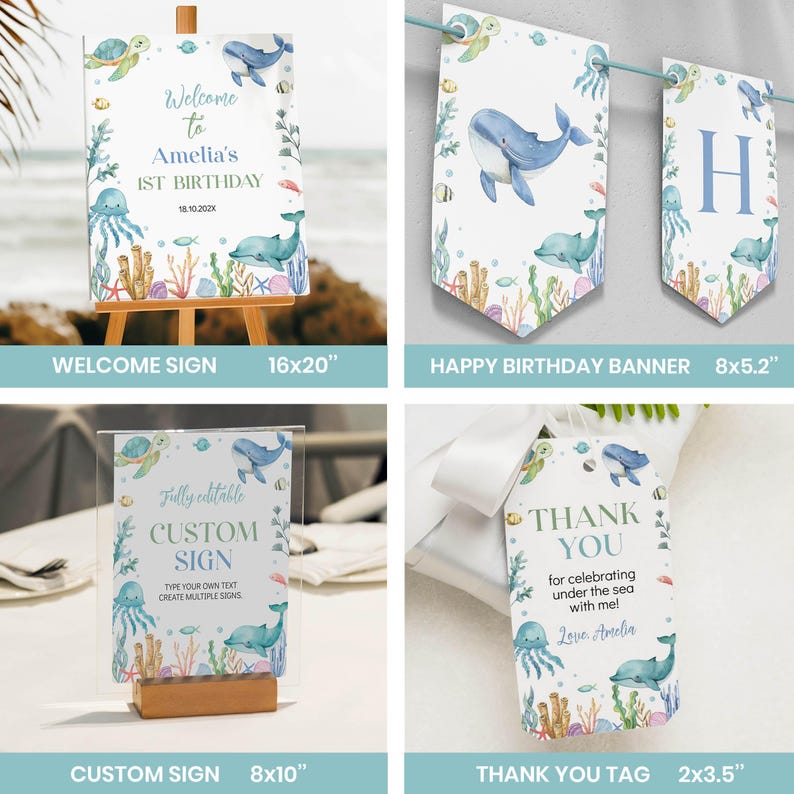 May include: A set of printable party decorations for a first birthday with an under the sea theme. The set includes a welcome sign, a banner, a custom sign, and a thank you tag. The decorations feature watercolor illustrations of sea creatures, coral, and seaweed in shades of blue, green, and pink.