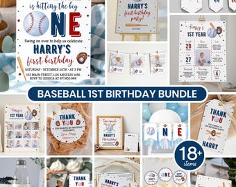 Editable Baseball Birthday Invitation Bundle, Sports 1st Birthday Party Kit, Boy Birthday Decor Package, Instant Download. B005