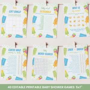 May include: A set of six printable baby shower game cards featuring a popsicle theme with colorful illustrations of fruit popsicles and confetti. The games include Baby Gift Bingo, Baby Word Scramble, Who Is My Mama, Guess Who Mommy or Daddy, Baby Word Search, and Over or Under, all printed on white paper with blue and yellow text.