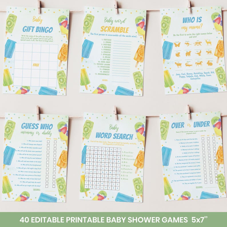 May include: A set of six printable baby shower game cards featuring a popsicle theme with colorful illustrations of fruit popsicles and confetti. The games include Baby Gift Bingo, Baby Word Scramble, Who Is My Mama, Guess Who Mommy or Daddy, Baby Word Search, and Over or Under, all printed on white paper with blue and yellow text.