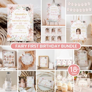 May include: A collection of fairy-themed first birthday party supplies. Includes invitations, welcome signs, banners, cupcake toppers, and thank you cards. The designs feature floral accents, fairies, and the text "Amanda's Fairy First Birthday".