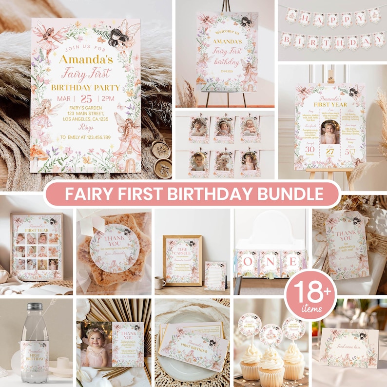 May include: A collection of fairy-themed first birthday party supplies. Includes invitations, welcome signs, banners, cupcake toppers, and thank you cards. The designs feature floral accents, fairies, and the text "Amanda's Fairy First Birthday".