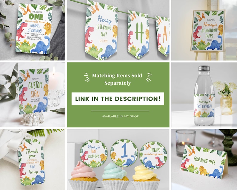 May include: A set of printable dinosaur-themed party decorations for a first birthday. The set includes a banner, invitation, cupcake toppers, water bottle labels, a welcome sign, a thank you tag, and a custom sign. The decorations feature watercolour illustrations of dinosaurs, leaves, and the text "Henry's 1st Birthday".