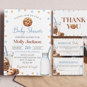 BEWERKBARE melk en koekjes baby shower uitnodigingsset, jongensbaby shower uitnodigingsbundel, it's a boy babyshower, afdrukbaar. C010