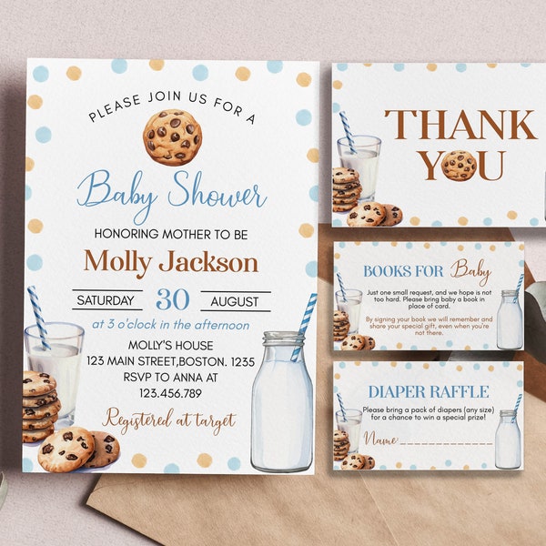 EDITABLE Milk and Cookies Baby Shower Invitation Set, Boy Baby Shower Invitation Bundle, It's a Boy Baby Shower, Printable. C010