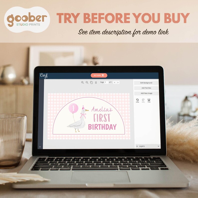May include: A laptop screen displaying a digital design template for a first birthday party. The design features a white goose wearing a pink party hat and a pink balloon with the number one, alongside the text Amelia's FIRST BIRTHDAY.