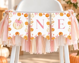 Our Little Pumpkin is Turning One Highchair Banner, Girl 1st Birthday Highchair Banner, Boho Pink Bow Birthday Decor, Instant Download. P018