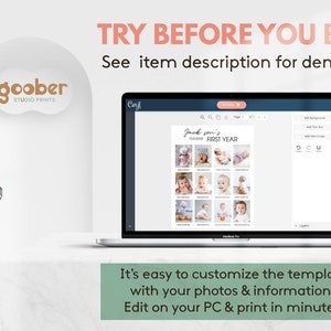 May include: A laptop computer screen displaying a Canva design template for a baby's first year photo album. The template is customizable with photos and text. The text on the screen reads "Jack son's First Year".