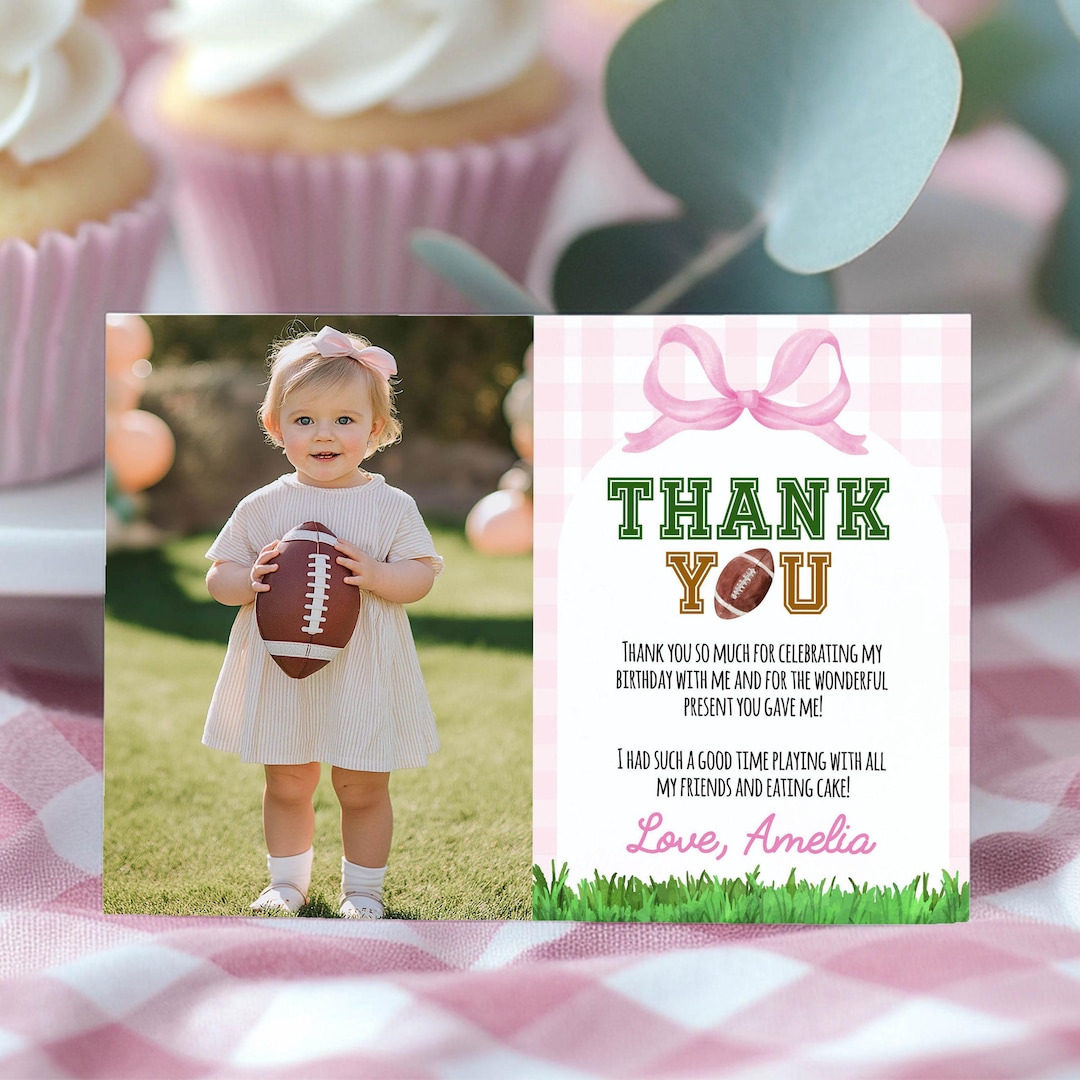 EDITABLE Football Birthday Thank You Card, Pink Bow Party Photo Thank ...
