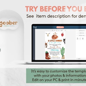 May include: A laptop screen displaying a customizable baby shower invitation template with western-themed graphics including a cowboy hat, boots, and cactus. The text reads A LITTLE COWBOY is on the way! along with event details and placeholders.