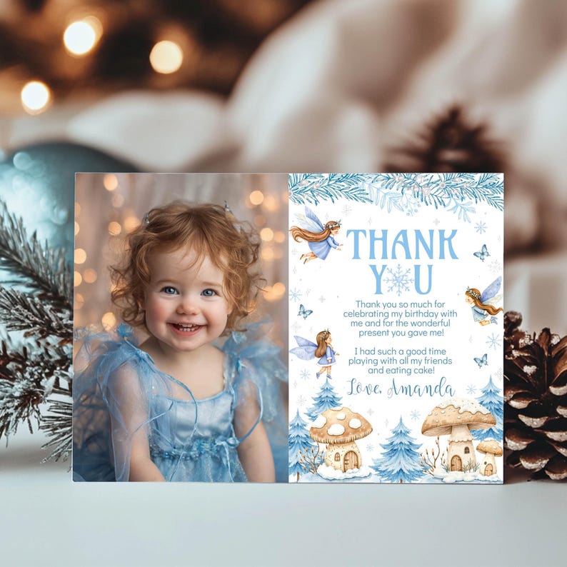 Winter Fairy Wonderland Thank You Card | Editable Fairy First Birthday Note | Winter Onederland Party Printable