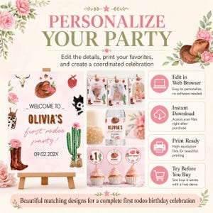 Puede incluir: Un conjunto de decoraci&oacute;n de fiesta digital con tem&aacute;tica western que incluye flores rosas, cactus, botas y sombreros de vaquero. El dise&ntilde;o incluye texto como Welcome to Olivia's first rodeo party, 09.02.202X e instrucciones de edici&oacute;n.