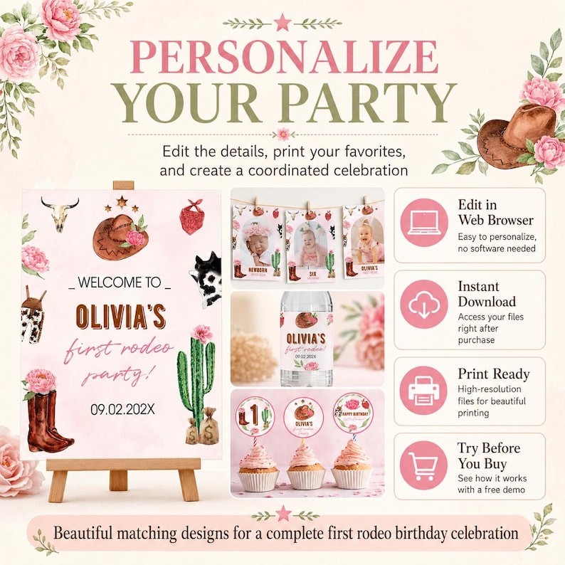 Puede incluir: Un conjunto de decoraci&oacute;n de fiesta digital con tem&aacute;tica western que incluye flores rosas, cactus, botas y sombreros de vaquero. El dise&ntilde;o incluye texto como Welcome to Olivia's first rodeo party, 09.02.202X e instrucciones de edici&oacute;n.
