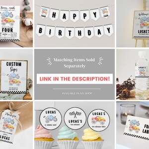 Puede incluir: Un conjunto de art&iacute;culos para fiestas con tem&aacute;tica de camiones monstruo que incluye invitaci&oacute;n, pancarta, letrero de bienvenida, etiqueta de botella de agua, etiqueta de regalo, adornos para cupcakes y etiqueta de comida.